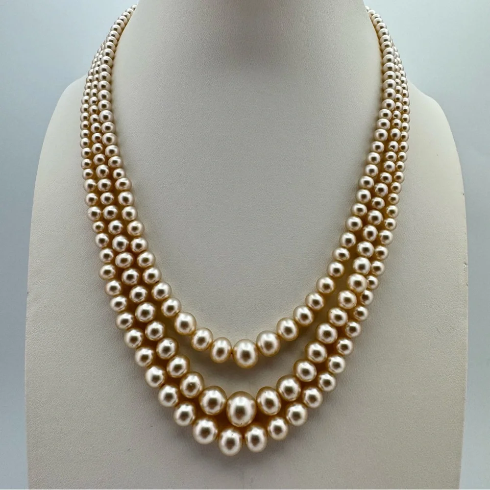 Vintage Japan 3-Strand Faux Pearl Necklace Rhinestone Box Clasp
